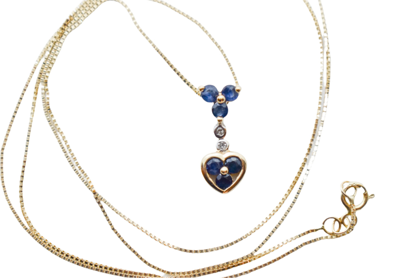 Vintage 14k Yellow Gold Sapphire and Diamond Pendant on Dainty 21" Box Chain