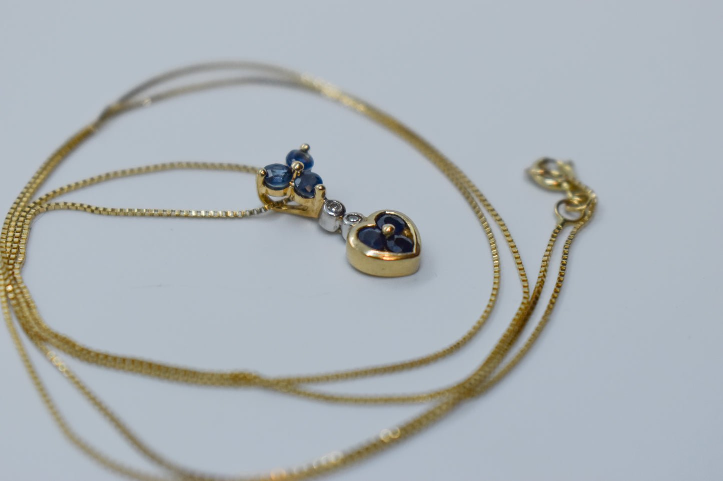 Vintage 14k Yellow Gold Sapphire and Diamond Pendant on Dainty 21" Box Chain