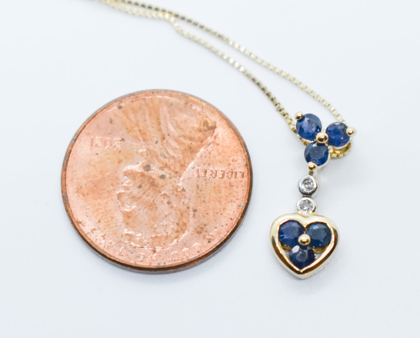 Vintage 14k Yellow Gold Sapphire and Diamond Pendant on Dainty 21" Box Chain