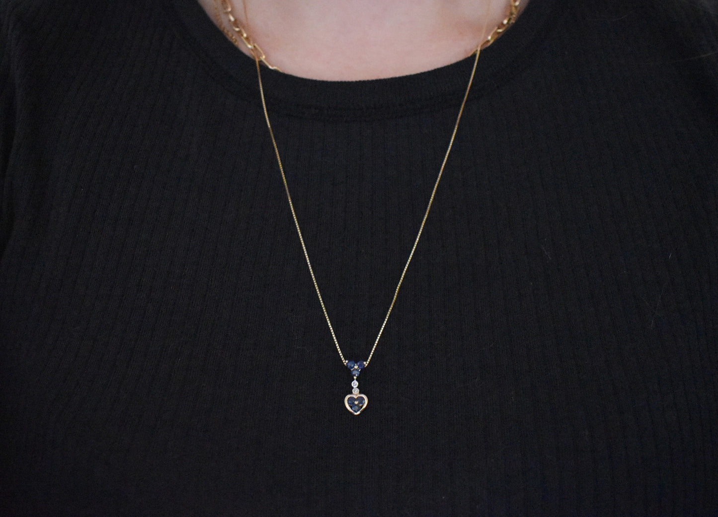 Vintage 14k Yellow Gold Sapphire and Diamond Pendant on Dainty 21" Box Chain