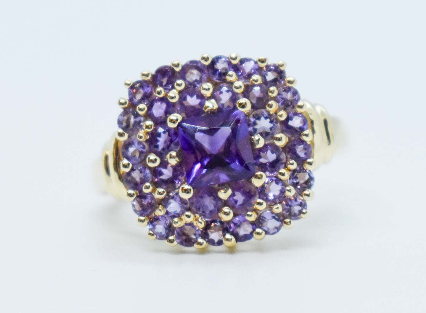 Vintage 14k Yellow Gold Amethyst Cluster Ring Size 7