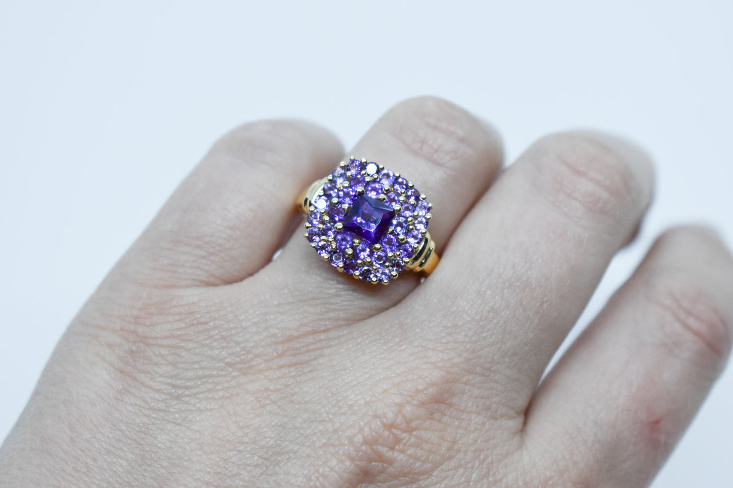 Vintage 14k Yellow Gold Amethyst Cluster Ring Size 7