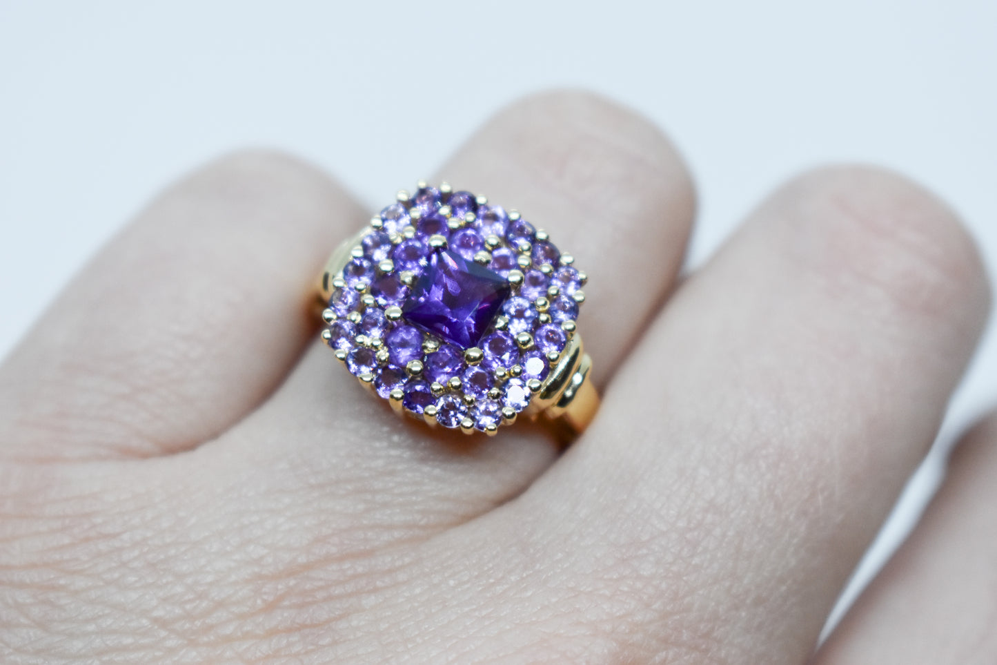 Vintage 14k Yellow Gold Amethyst Cluster Ring Size 7