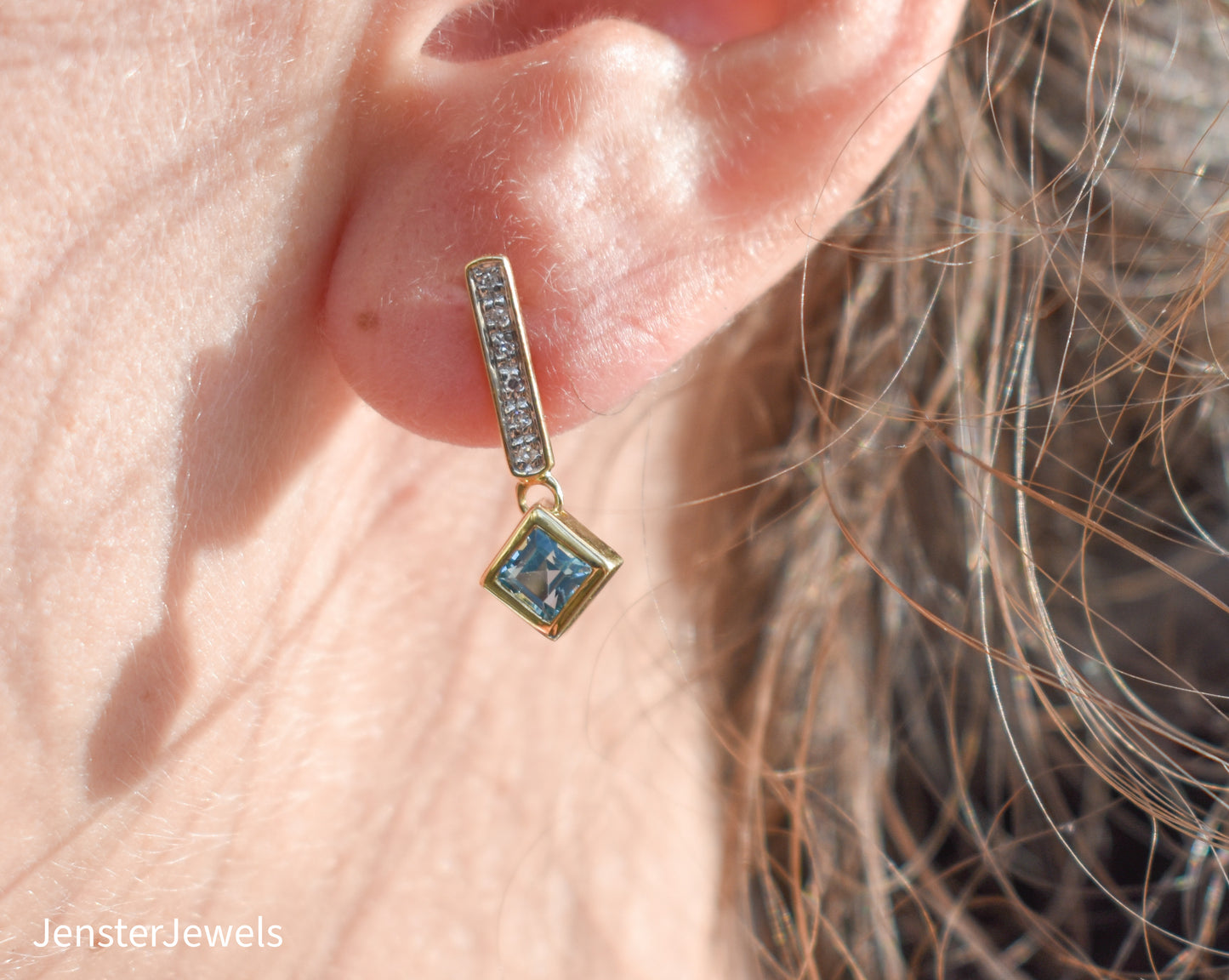 Vintage 14k Yellow Gold Diamond and Blue Topaz Dangle Earrings
