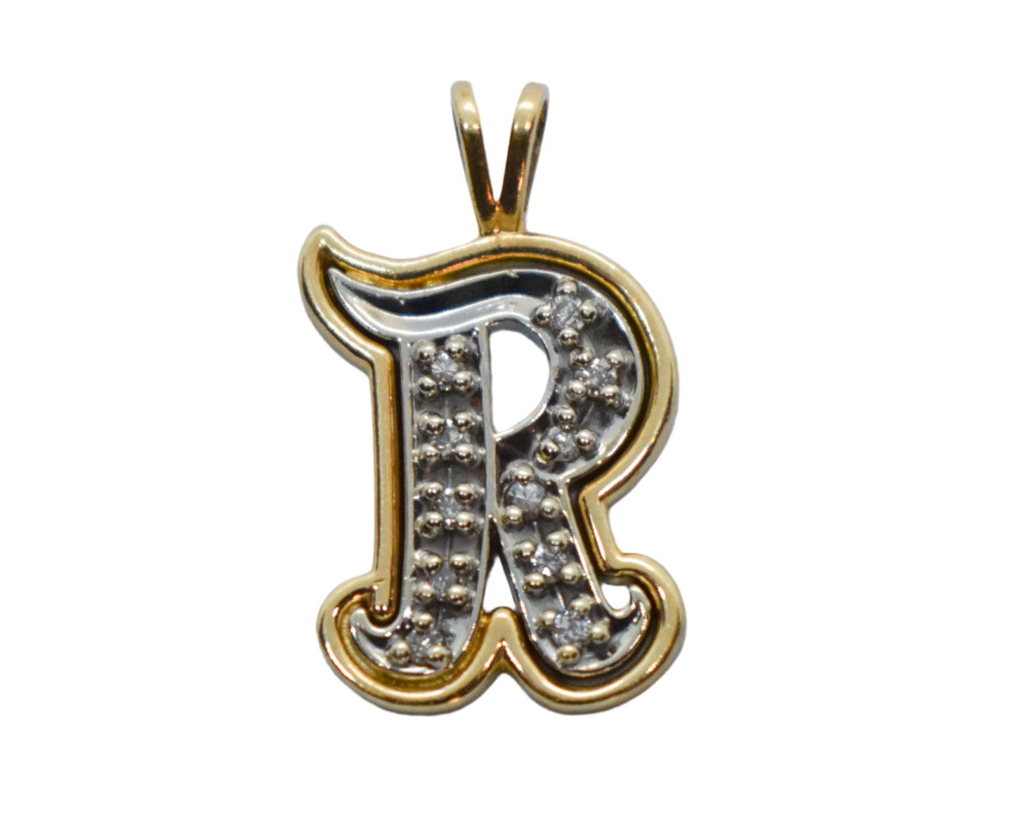 Vintage 14k Two-Tone Gold Diamond Letter R Pendant