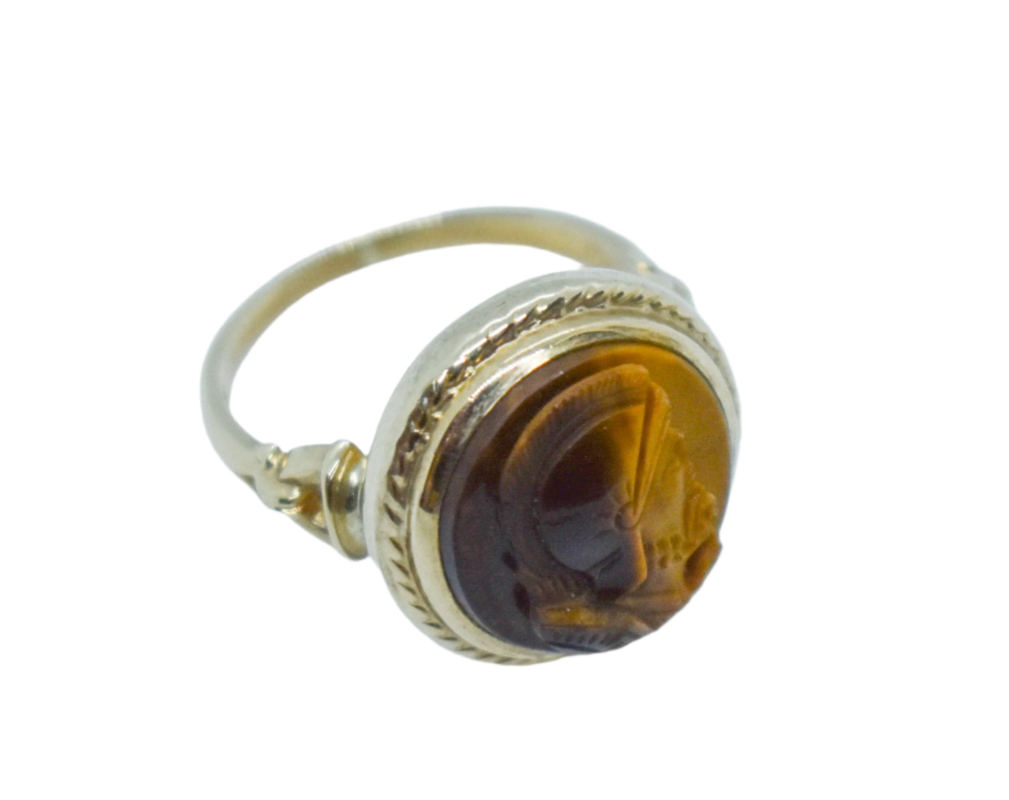 Vintage 10K Yellow Gold Carved Tiger Eye Knight Ring Size 6 1/4