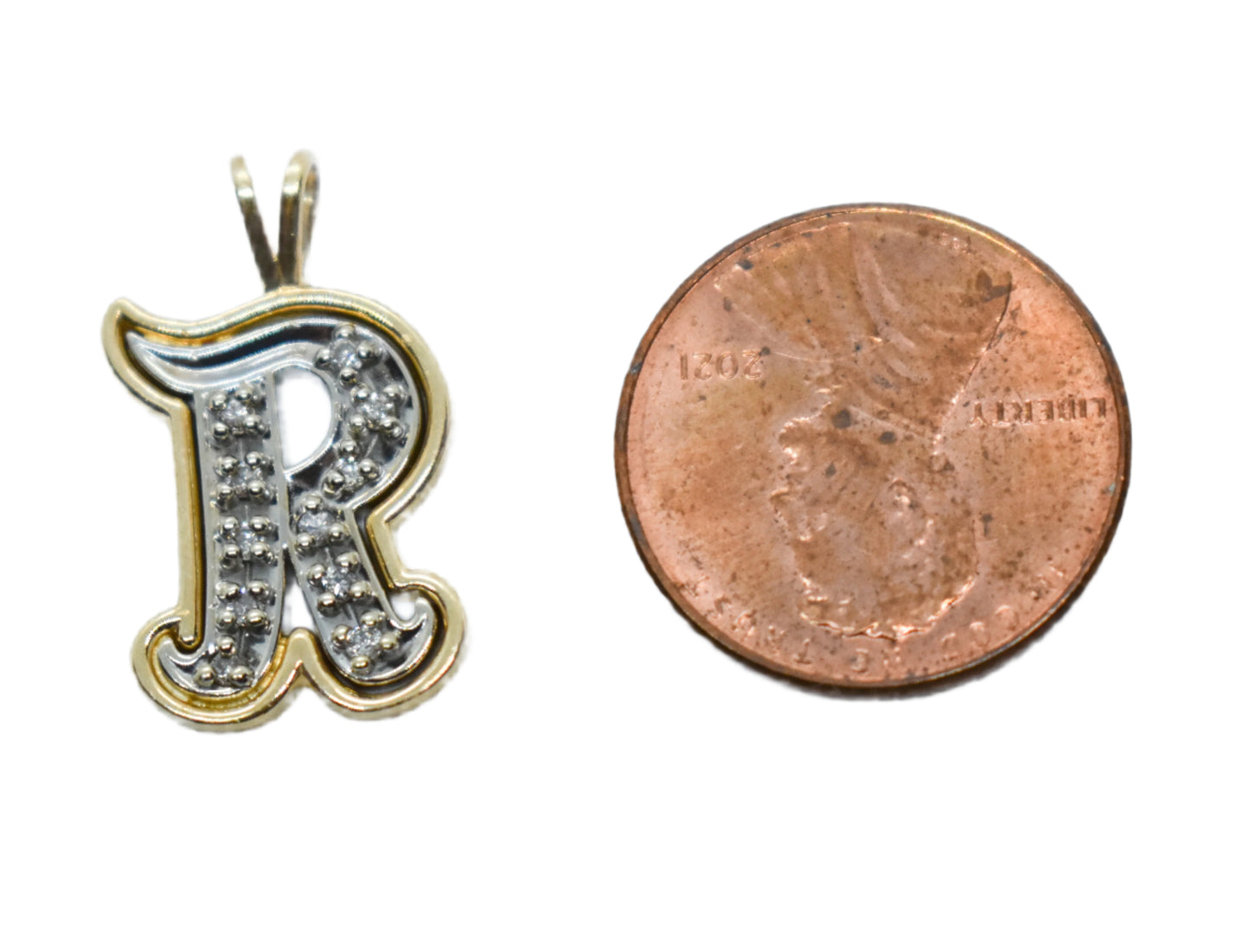 Vintage 14k Two-Tone Gold Diamond Letter R Pendant