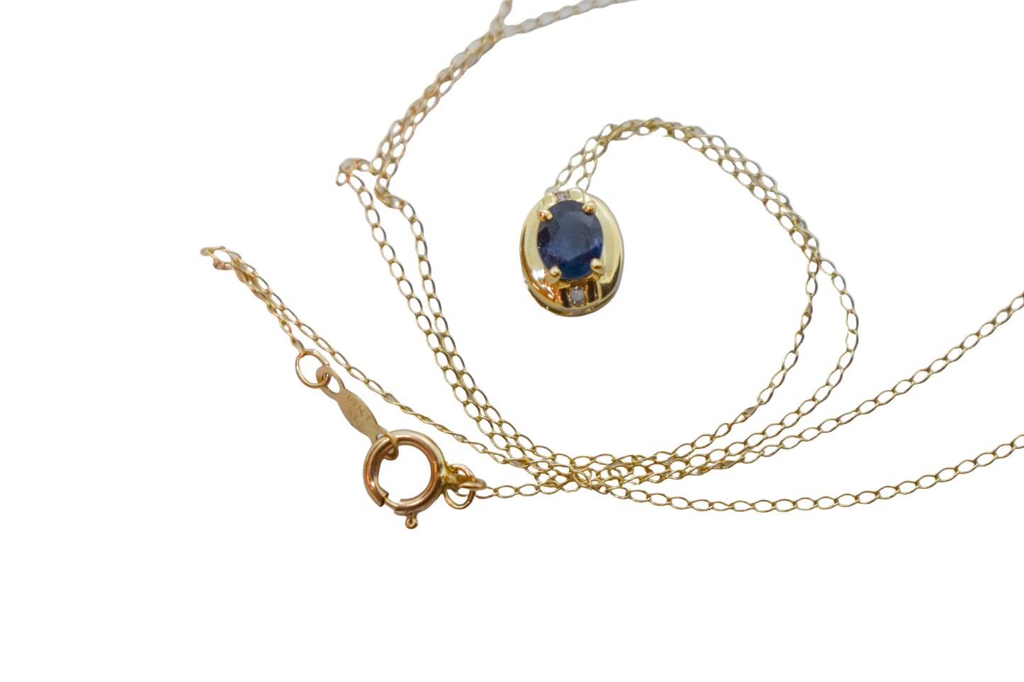 Vintage 14k Yellow Gold Sapphire and Diamond Pendant Necklace 18 1/2"