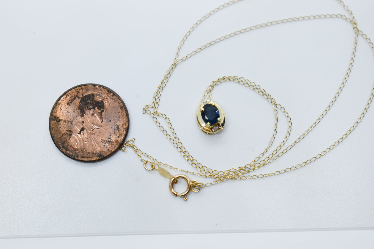 Vintage 14k Yellow Gold Sapphire and Diamond Pendant Necklace 18 1/2"
