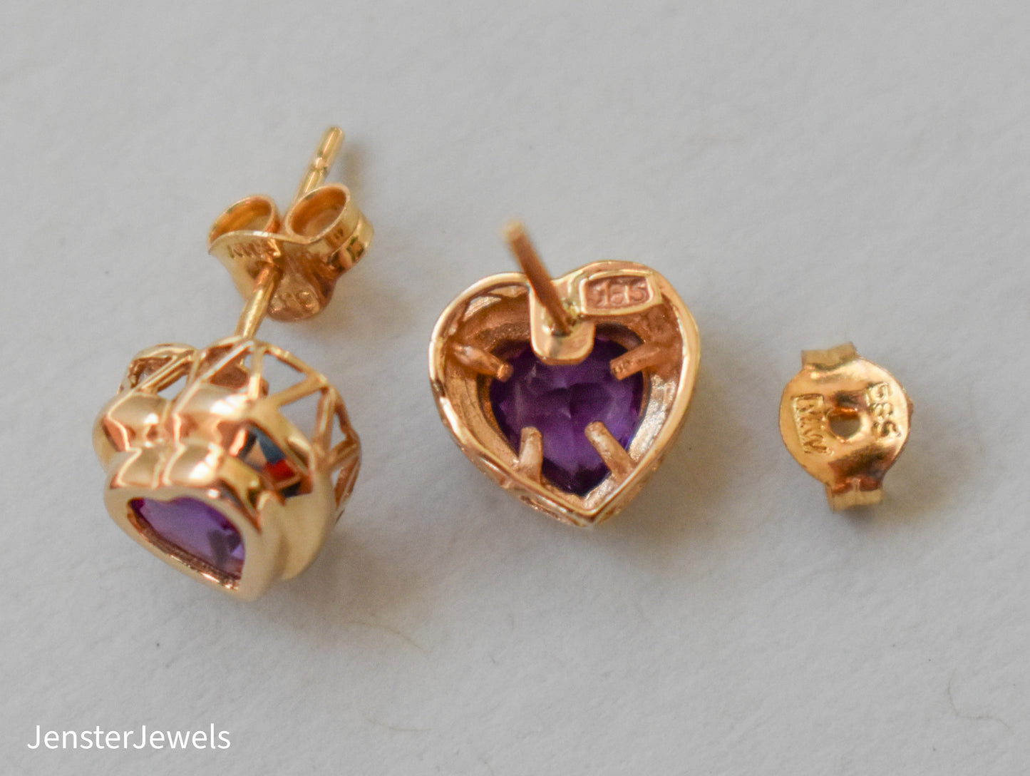 Vintage 14k Yellow Gold Amethyst Heart Stud Earrings