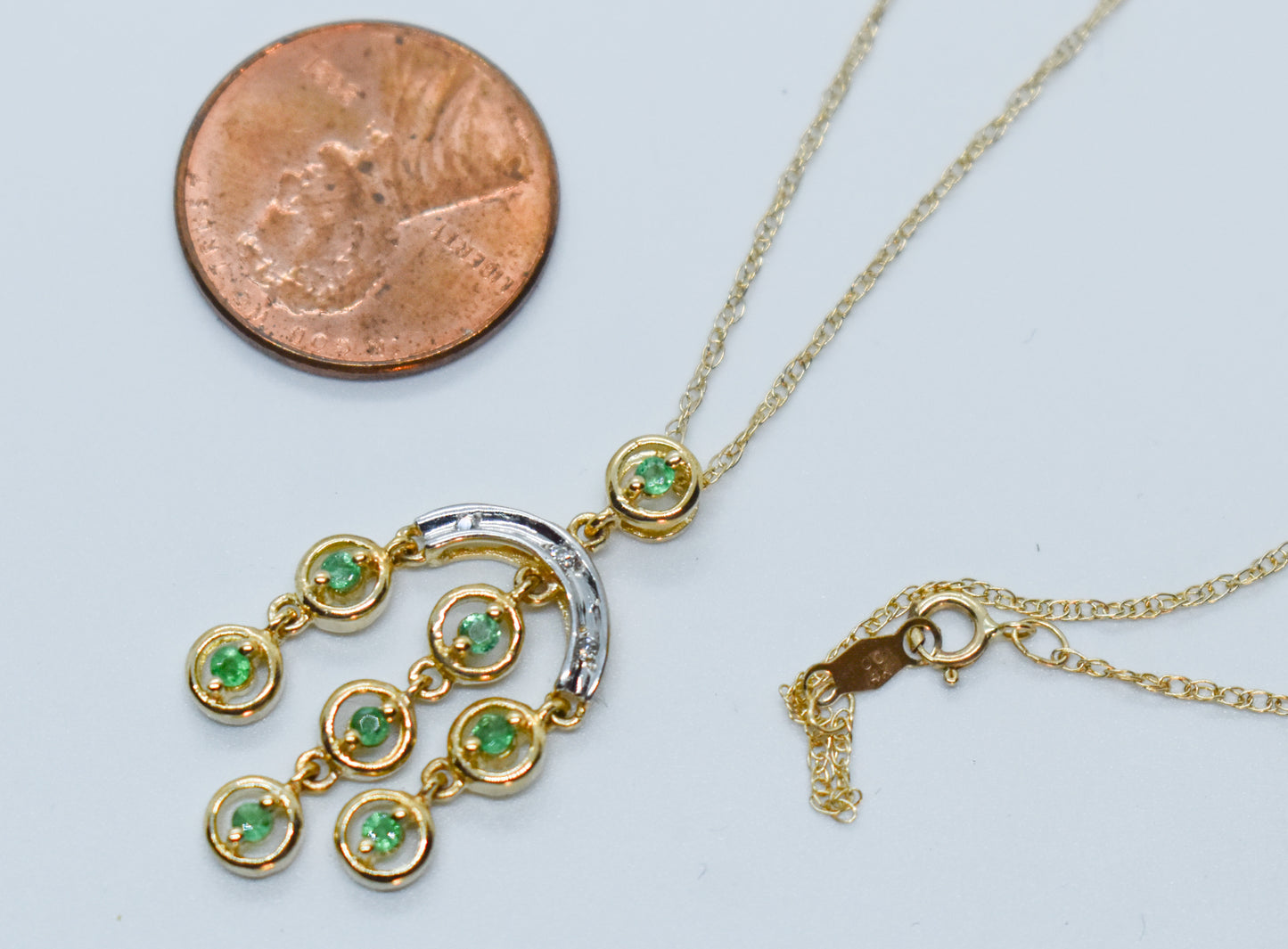 Vintage 14k Yellow Gold Emerald and Diamond Pendant on Dainty Chain 18"
