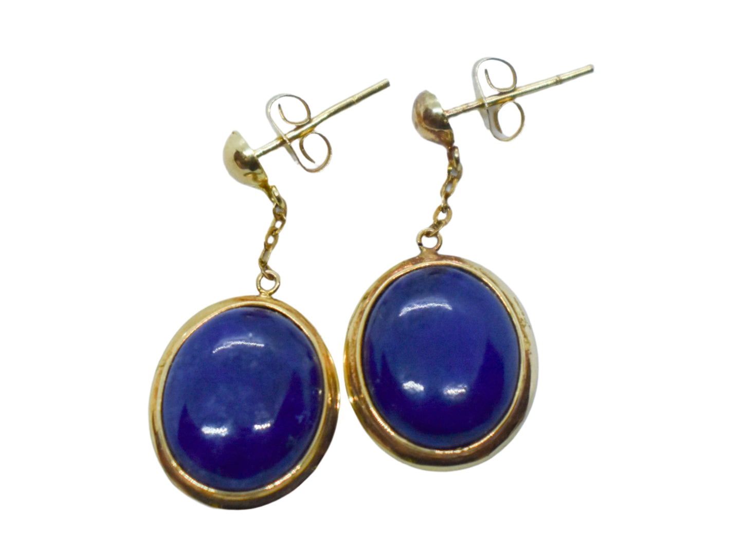 Vintage 14k Yellow Gold Blue Lapis Oval Dangle Earrings