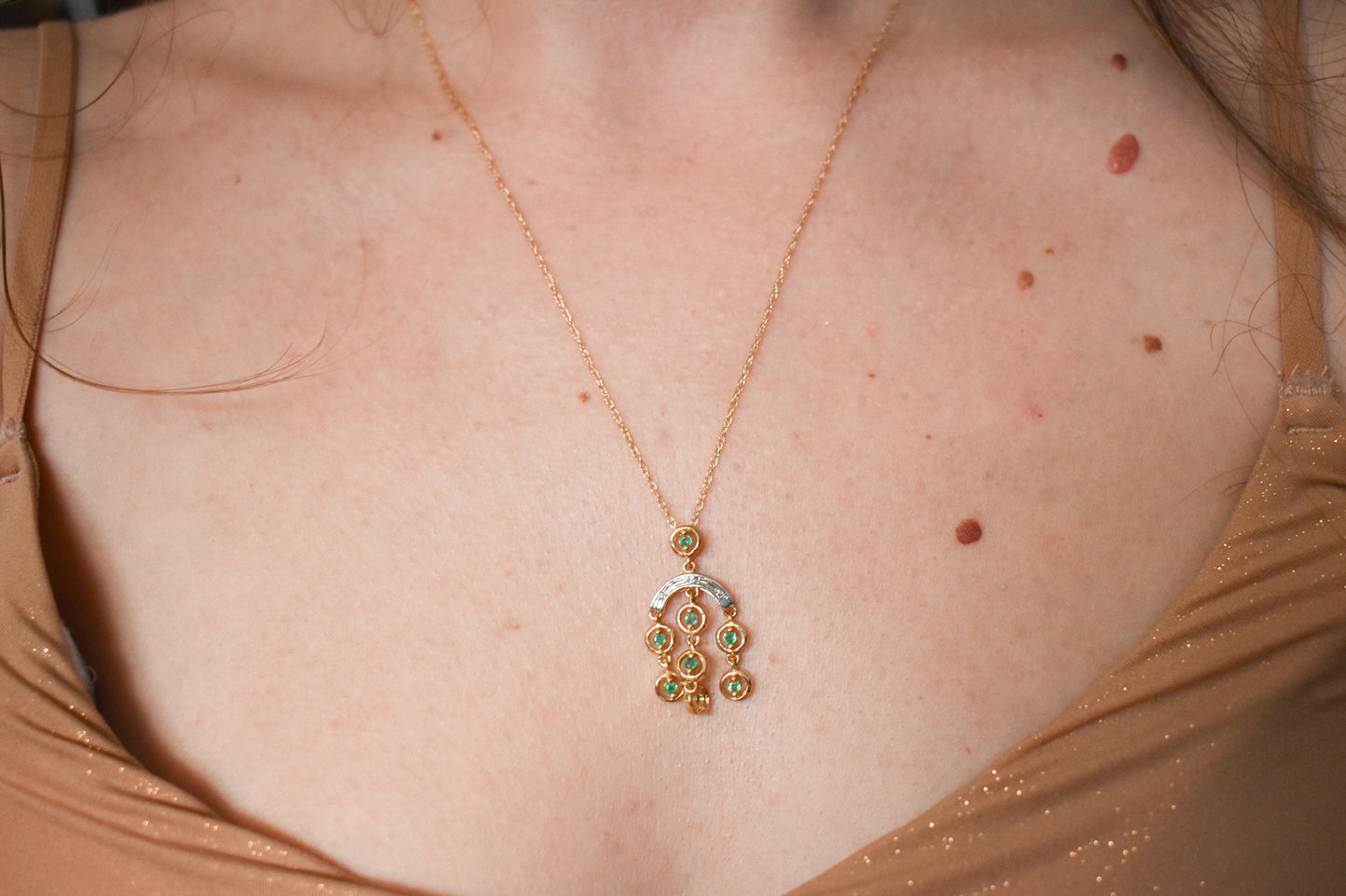 Vintage 14k Yellow Gold Emerald and Diamond Pendant on Dainty Chain 18"