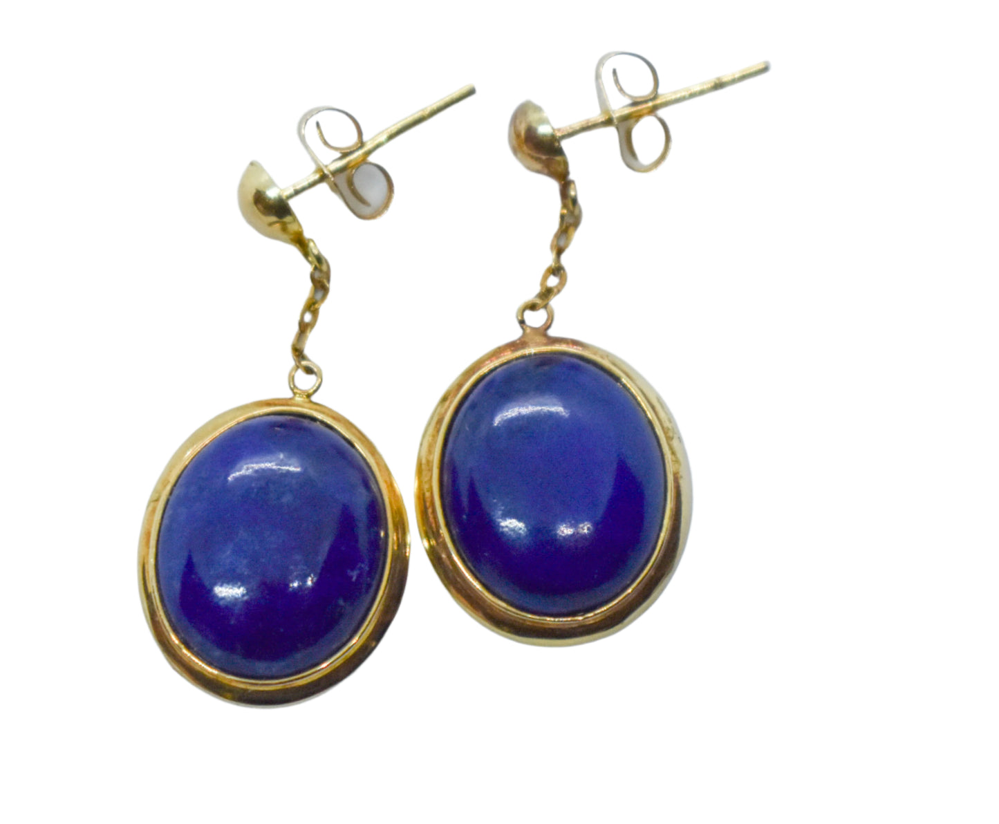 Vintage 14k Yellow Gold Blue Lapis Oval Dangle Earrings