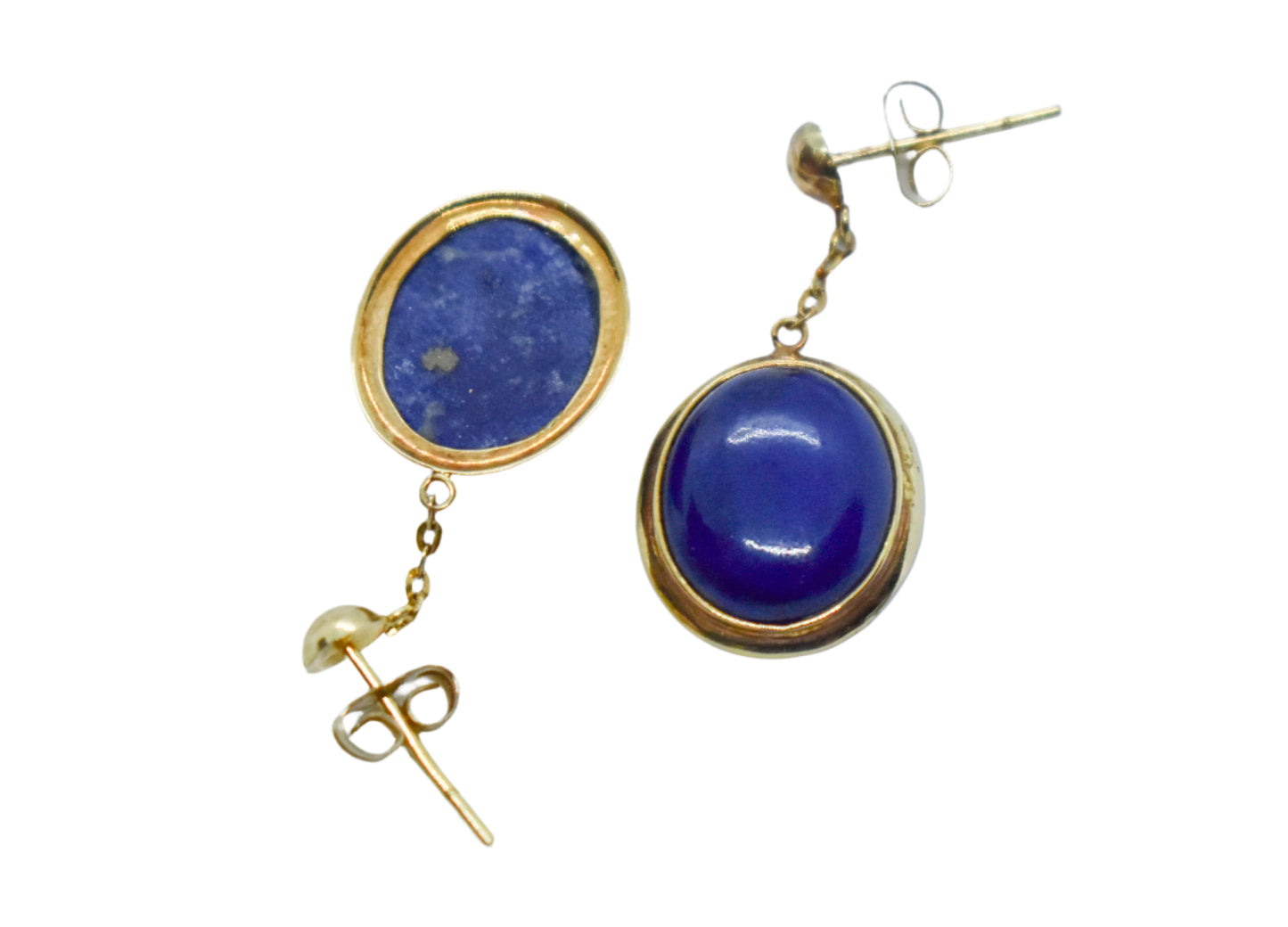 Vintage 14k Yellow Gold Blue Lapis Oval Dangle Earrings