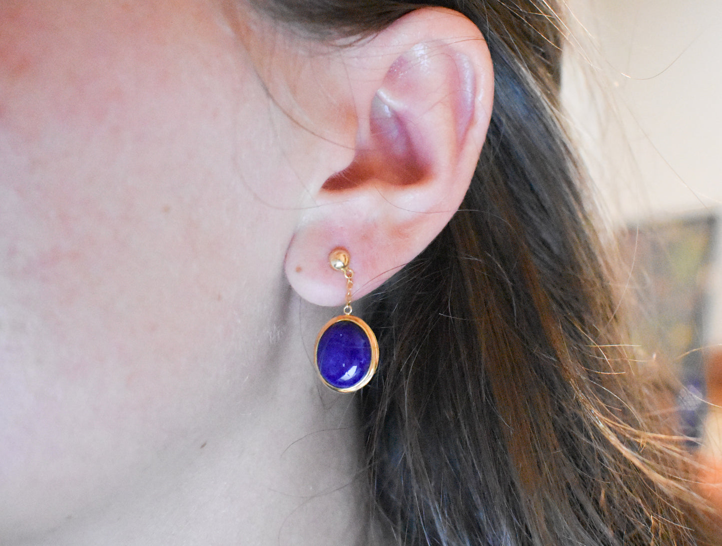 Vintage 14k Yellow Gold Blue Lapis Oval Dangle Earrings
