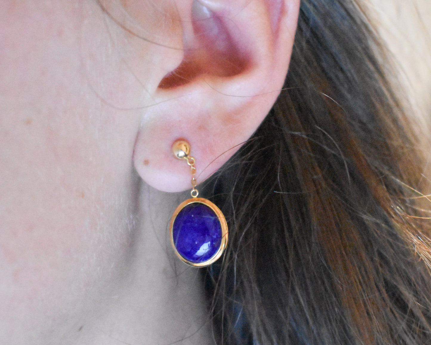 Vintage 14k Yellow Gold Blue Lapis Oval Dangle Earrings