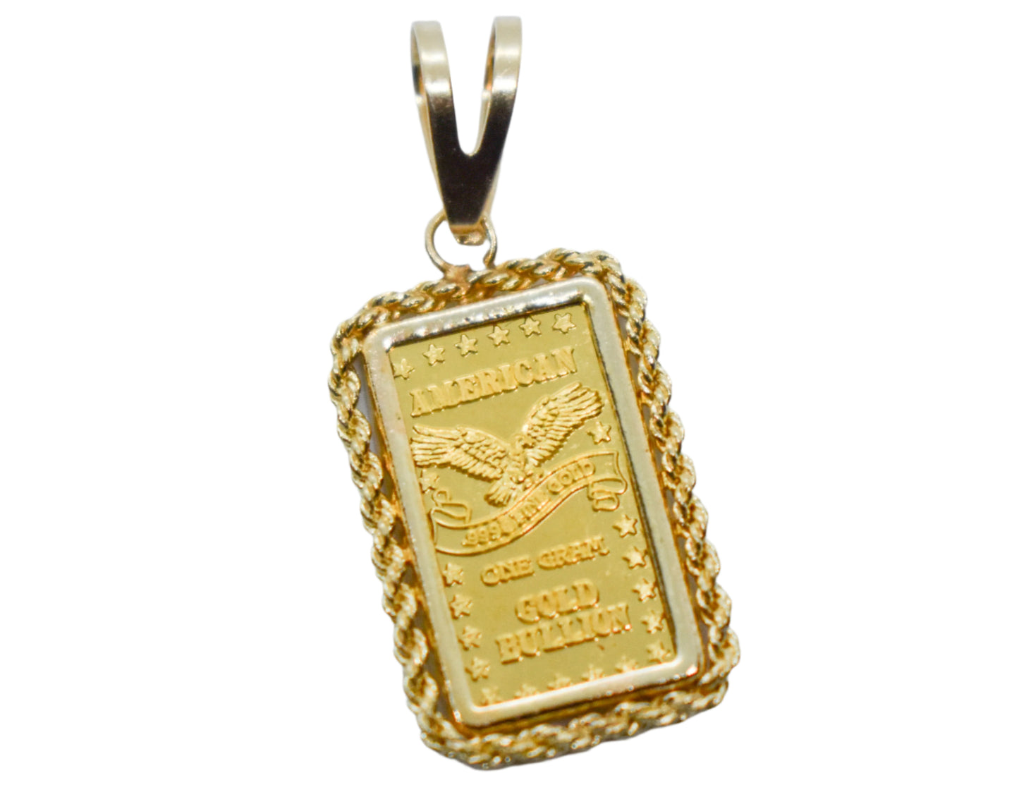 Vintage 24k Yellow Gold American 1 Gram Gold Bullion wrapped in 14k Gold Rope