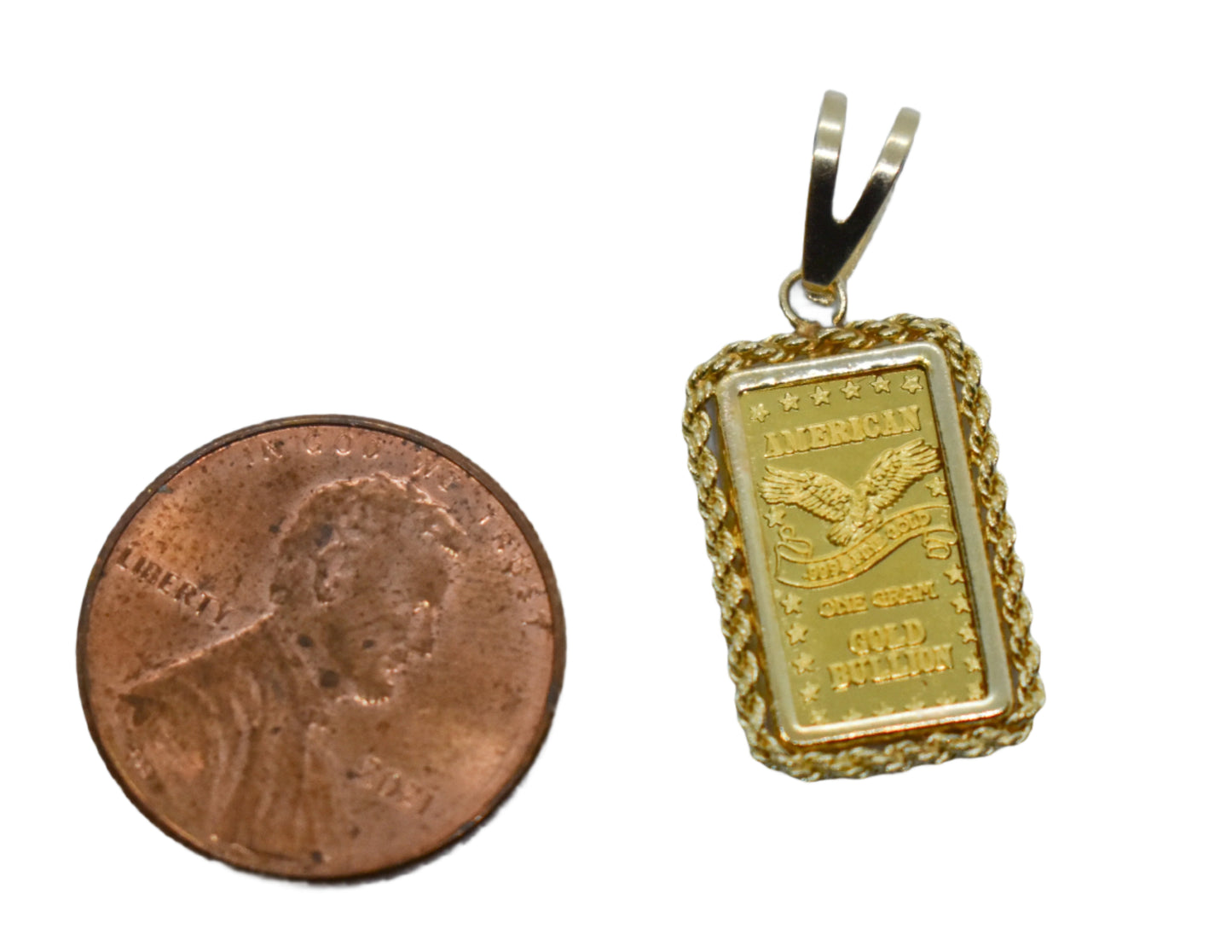 Vintage 24k Yellow Gold American 1 Gram Gold Bullion wrapped in 14k Gold Rope