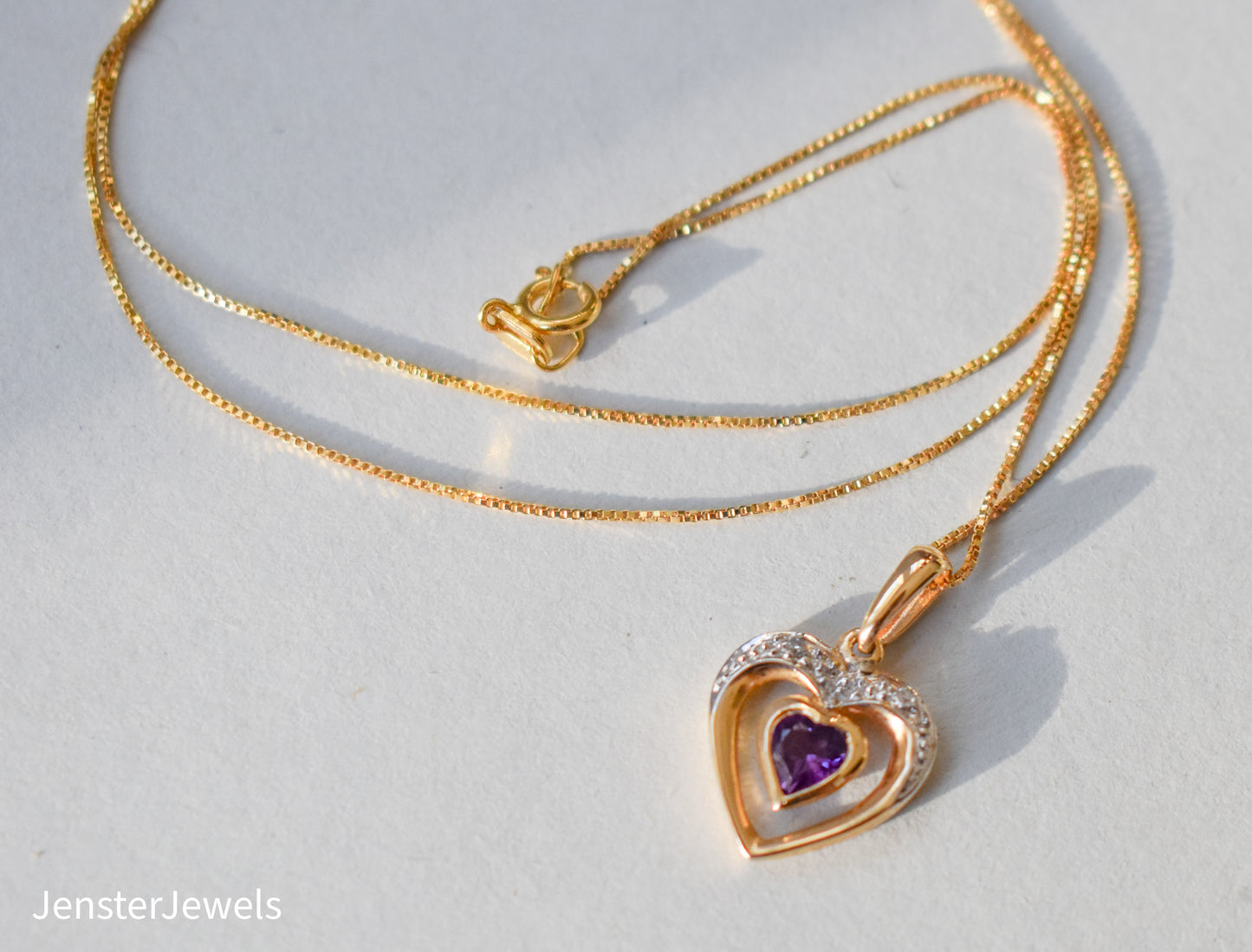 Vintage 14k Yellow Gold Amethyst and Diamond Heart Necklace 18"
