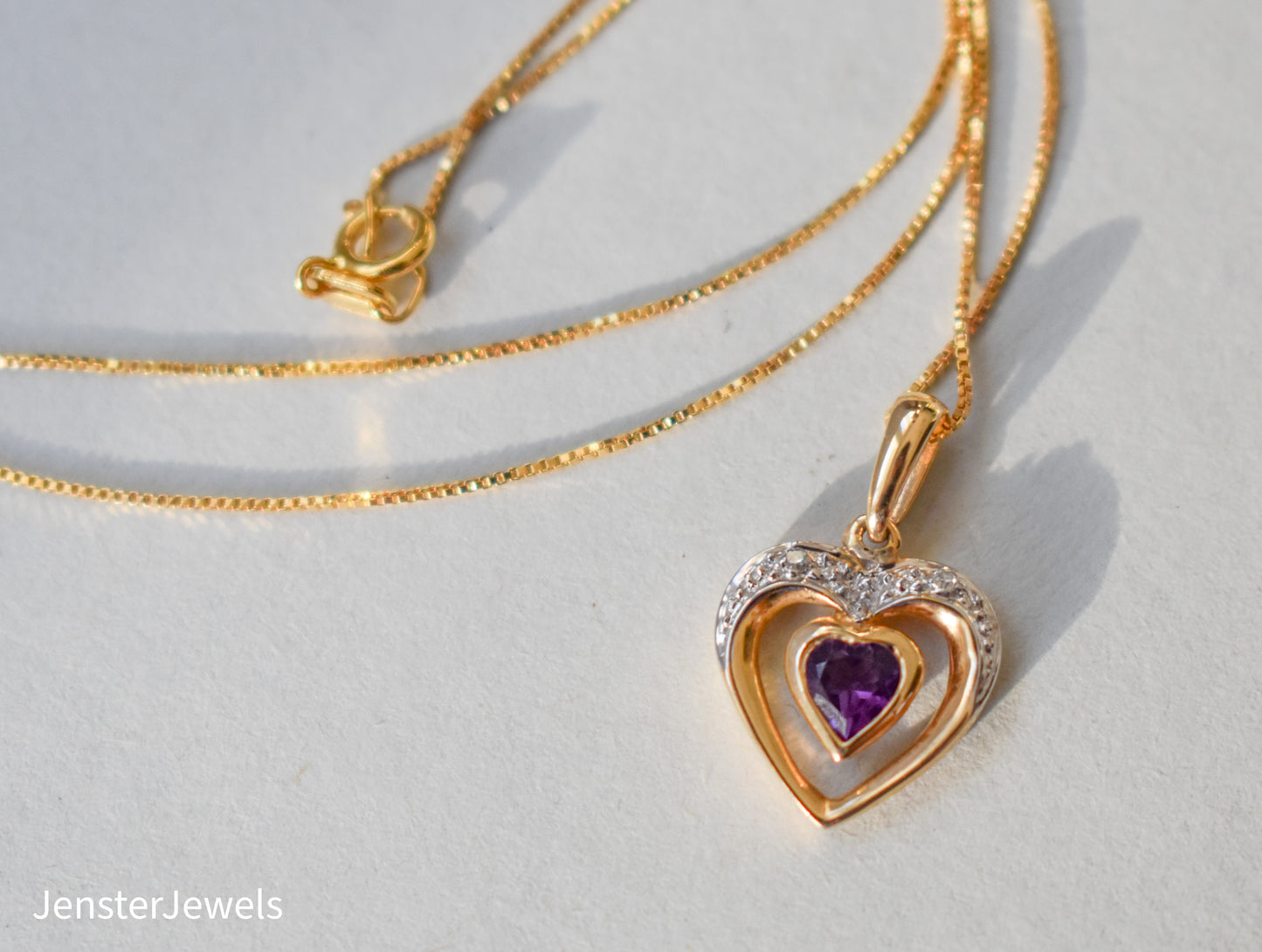 Vintage 14k Yellow Gold Amethyst and Diamond Heart Necklace 18"