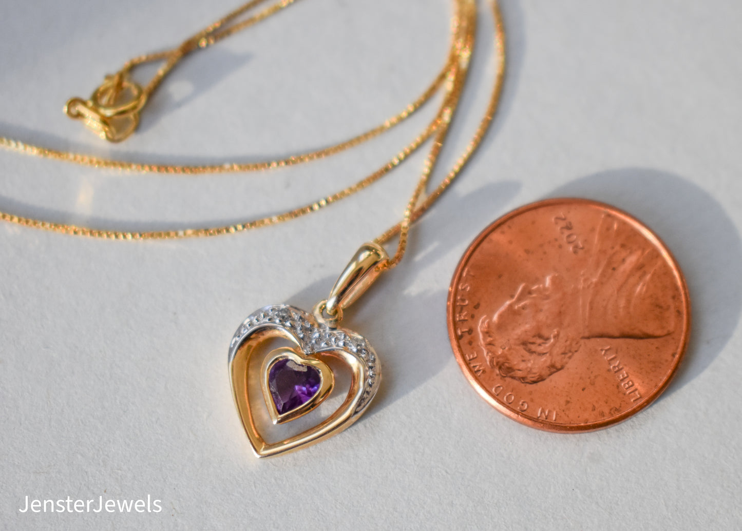 Vintage 14k Yellow Gold Amethyst and Diamond Heart Necklace 18"