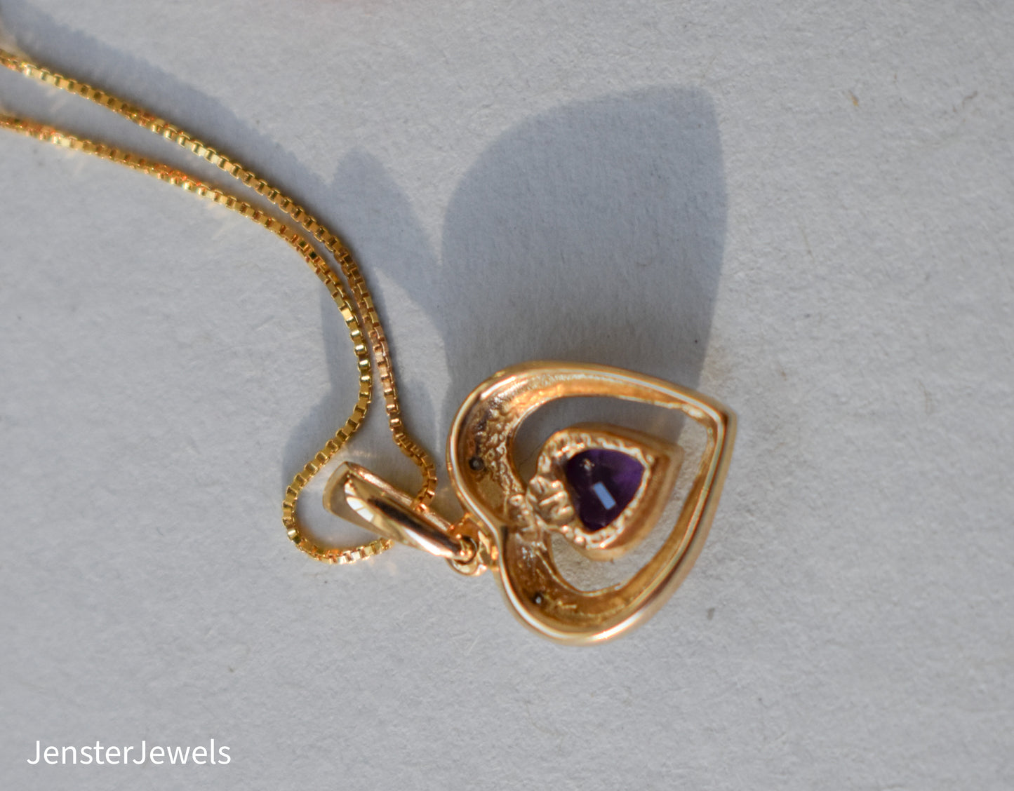 Vintage 14k Yellow Gold Amethyst and Diamond Heart Necklace 18"
