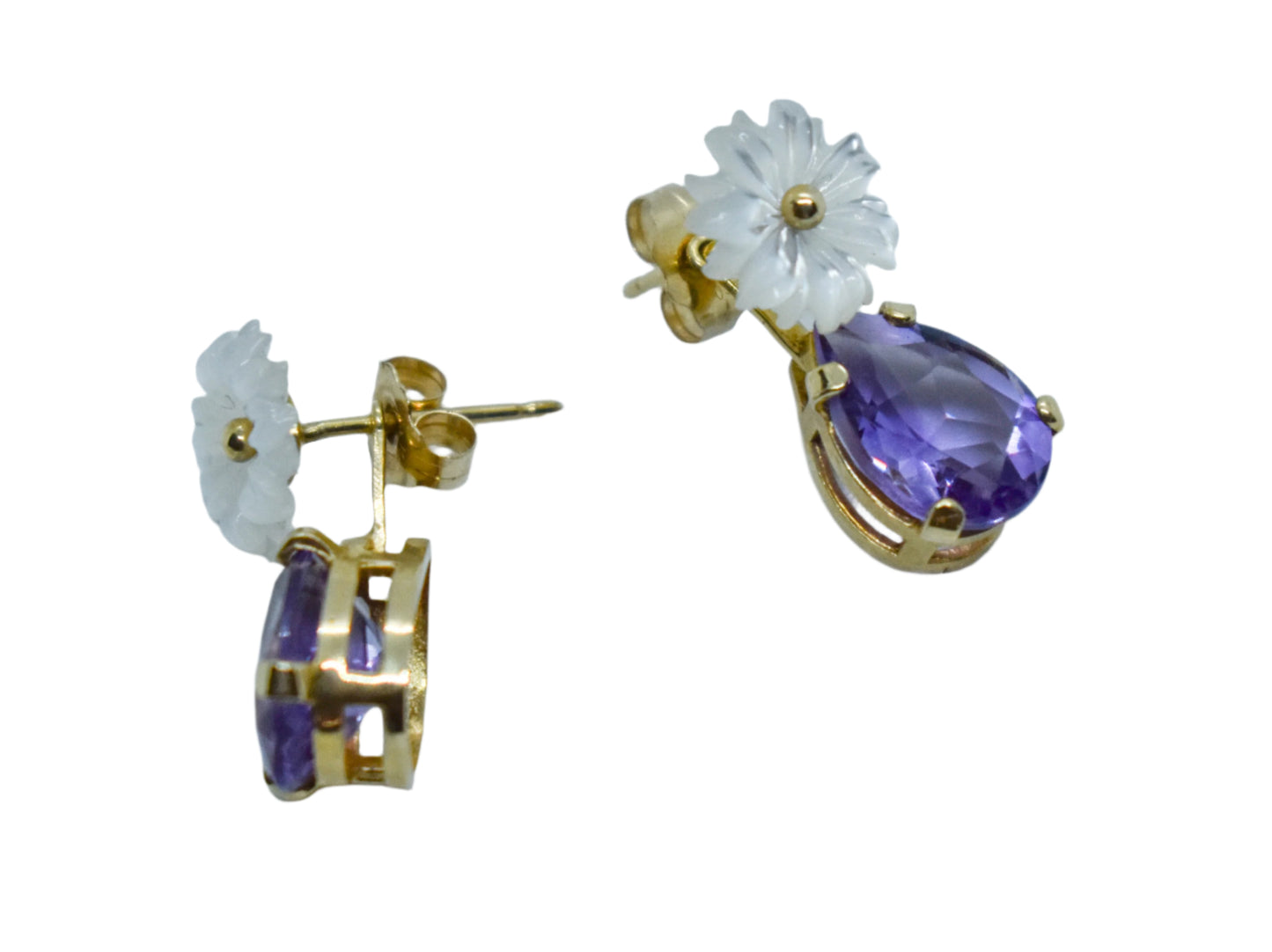 Vintage 14k Yellow Gold Amethyst and Pearl Flower Dangle Earrings