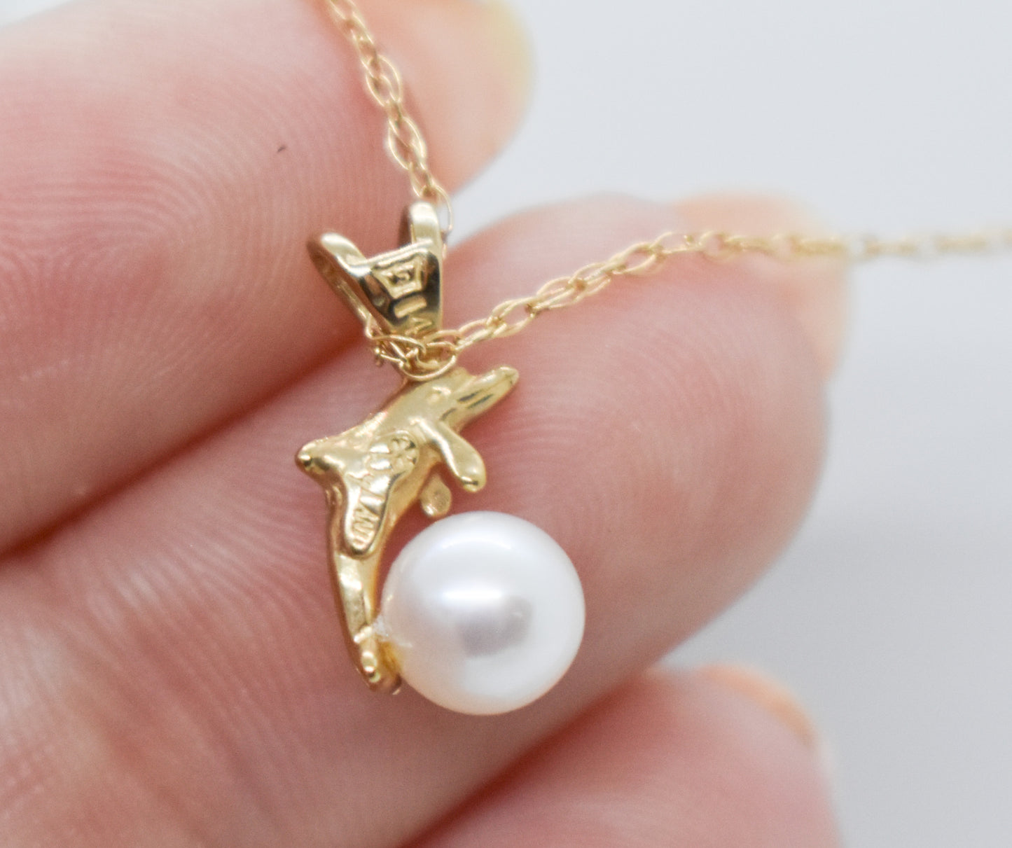 Vintage 14k Yellow Gold Wyland Dolphin Pendant on 18" Dainty Chain