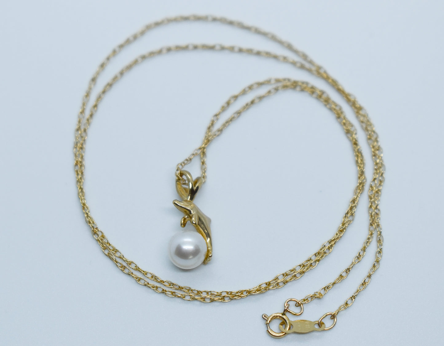 Vintage 14k Yellow Gold Wyland Dolphin Pendant on 18" Dainty Chain