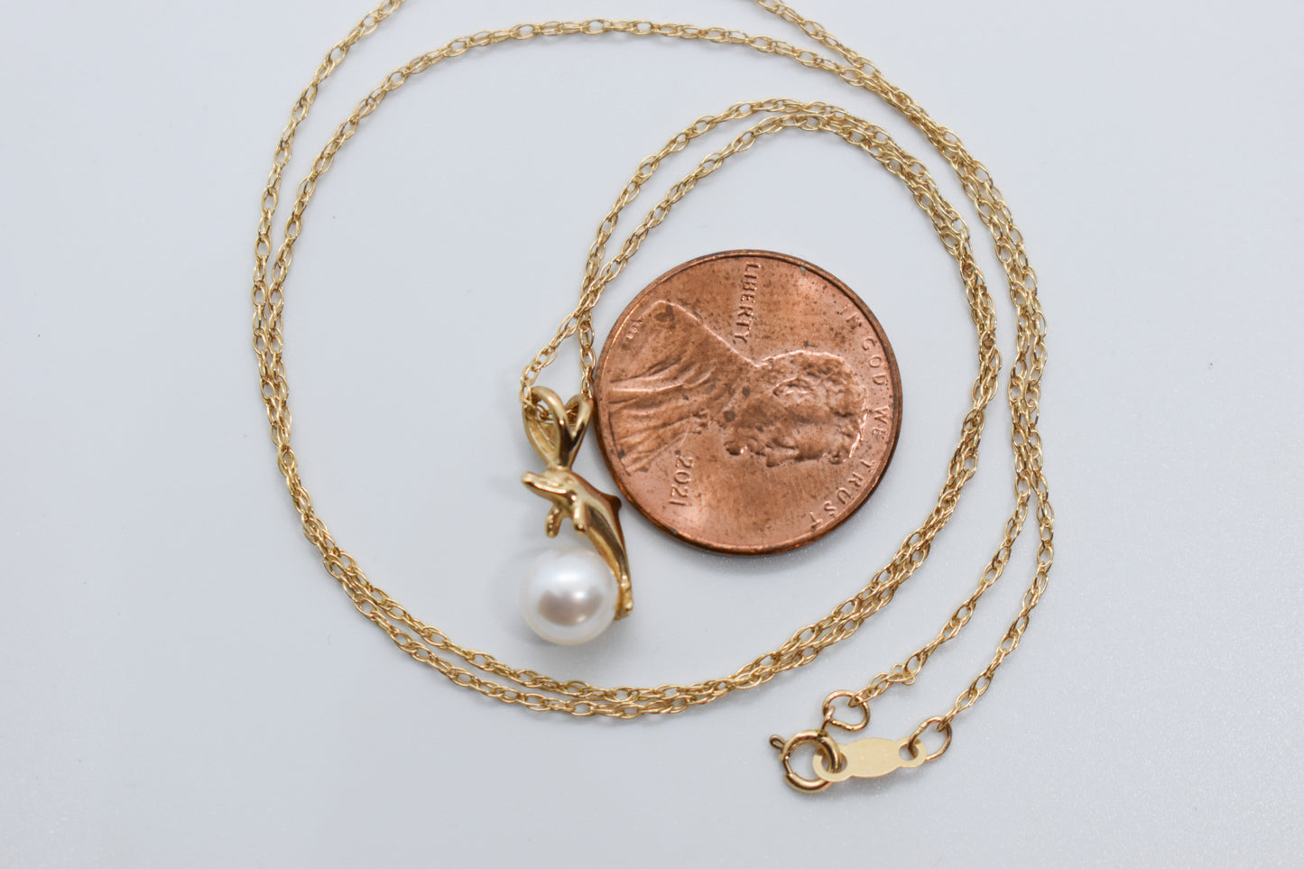 Vintage 14k Yellow Gold Wyland Dolphin Pendant on 18" Dainty Chain