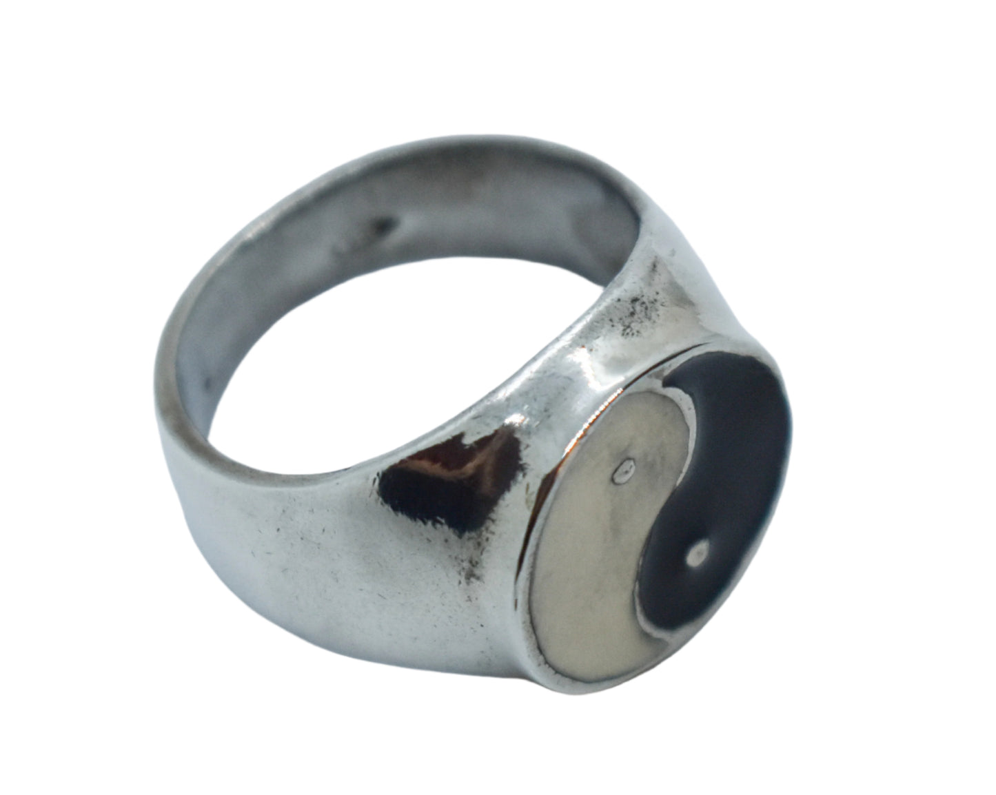 Vintage Sterling Silver Enamel Yin and Yang Ring Size 10