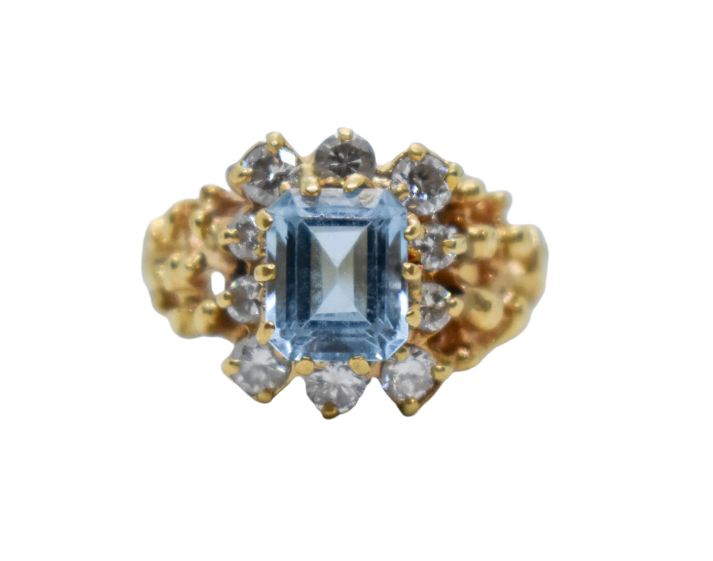 Vintage Unique 14k Yellow Gold Aquamarine and Diamond Ring Size 6