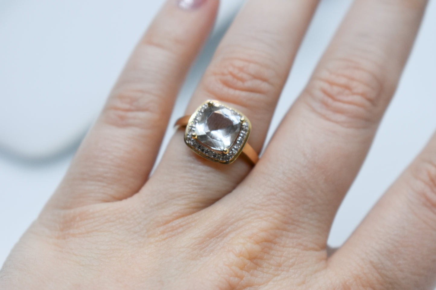 Vintage 14k Yellow Gold Aquamarine and Diamond Halo Ring Size 7 1/4
