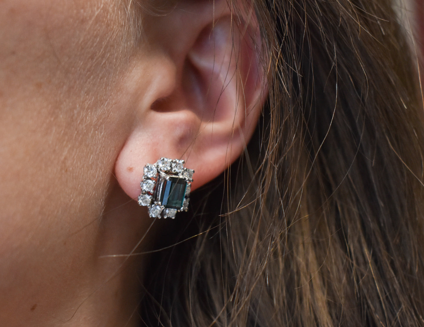 Vintage 14K White Gold Tourmaline and Diamond Cluster Screw Back Earrings