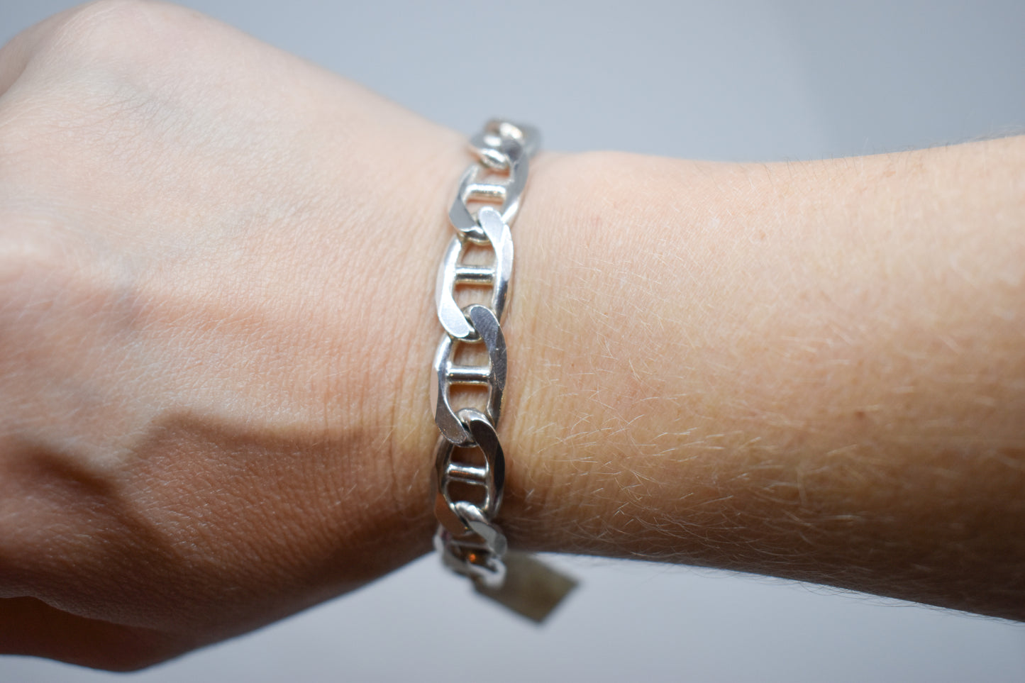 Vintage Sterling Silver Flat Mariner Link Chain Bracelet 8"