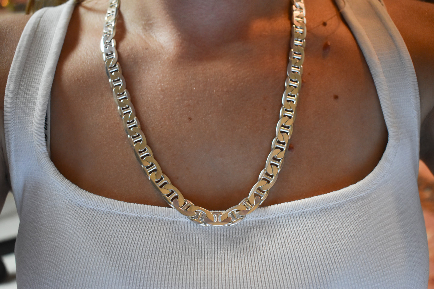 Vintage Sterling Silver Flat Mariner Link Chain Necklace 22"