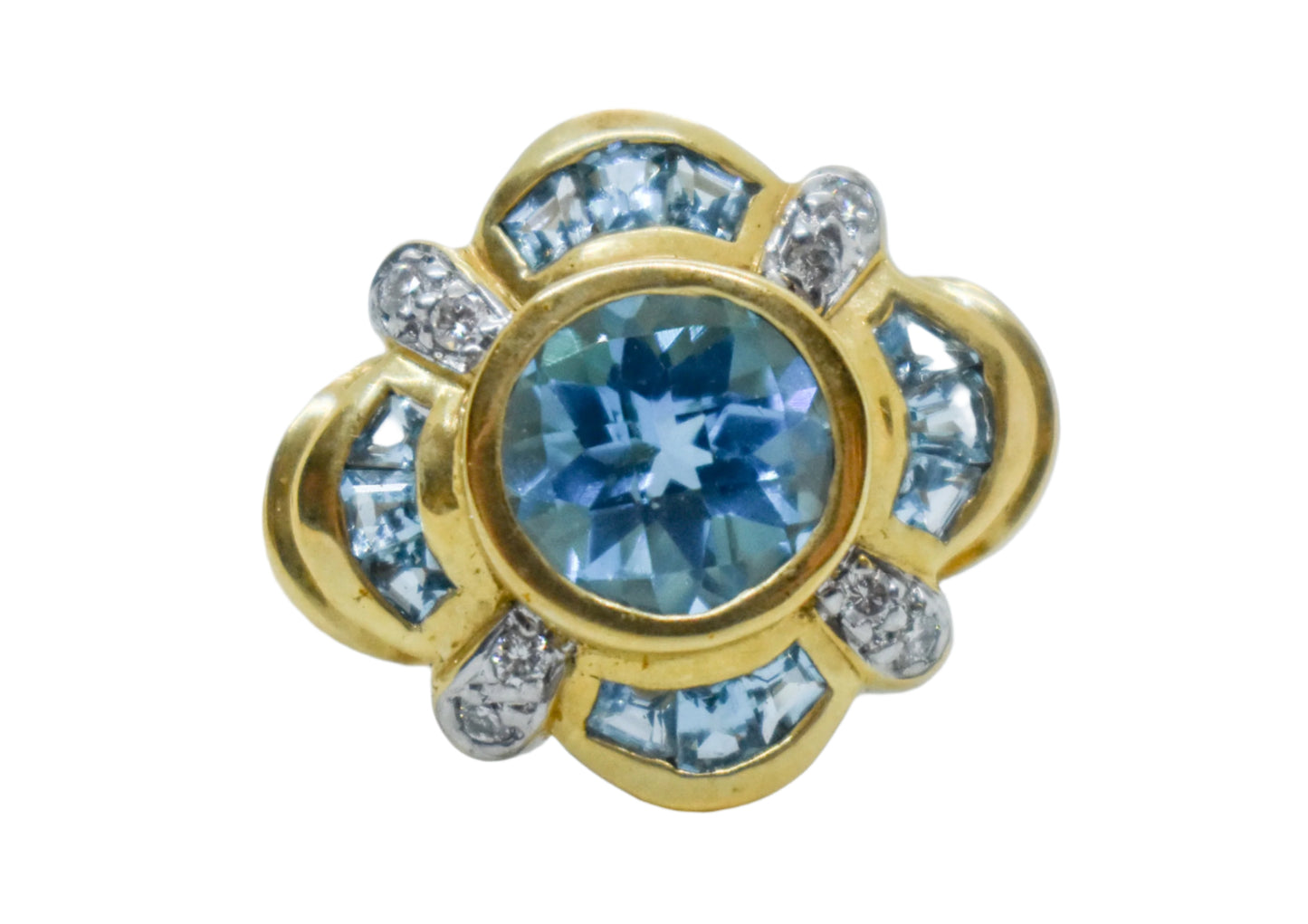 Vintage 14k Yellow Gold Blue Topaz and Diamond Size 7 1/2