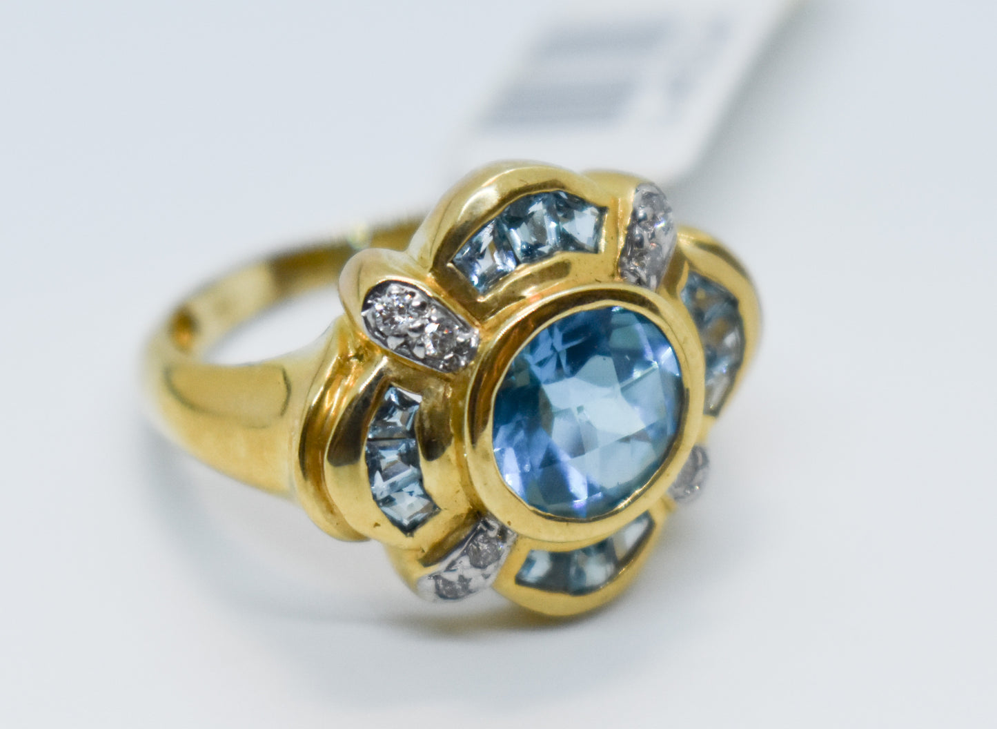 Vintage 14k Yellow Gold Blue Topaz and Diamond Size 7 1/2