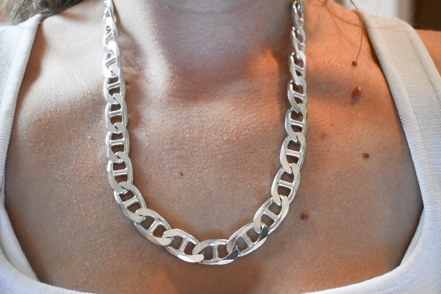 Vintage Sterling Silver Flat Mariner Link Chain Necklace 20"