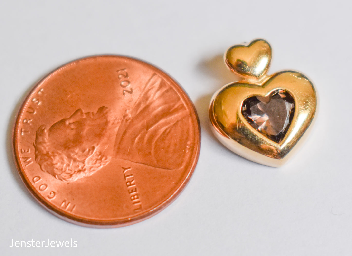 Vintage 14k Yellow Gold Dark Brown / Red Puffy Double Heart Pendant