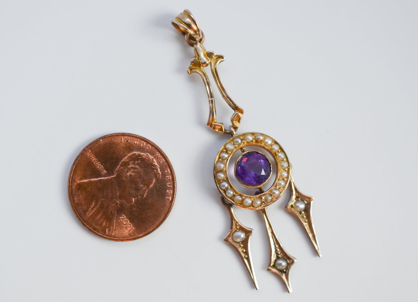 Vintage Antique 10k Yellow Gold Amethyst and Seed Pearl Drop Pendant