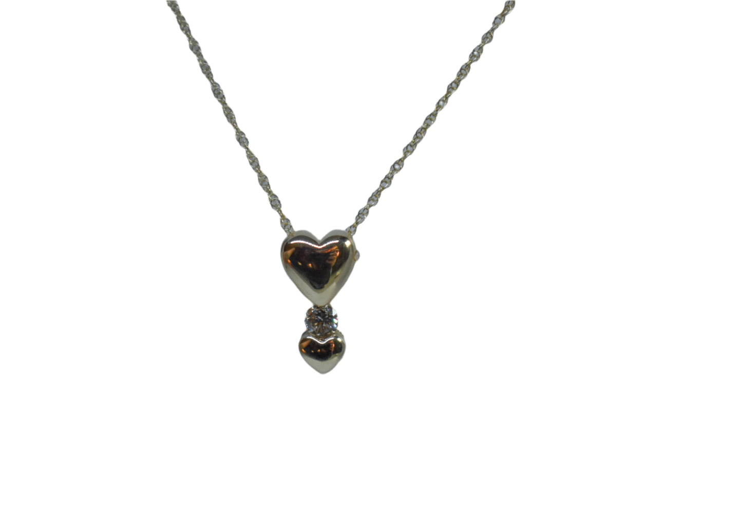 Vintage 14K Yellow Gold Diamond Double Heart Pendant Dainty Chain Necklace 18"