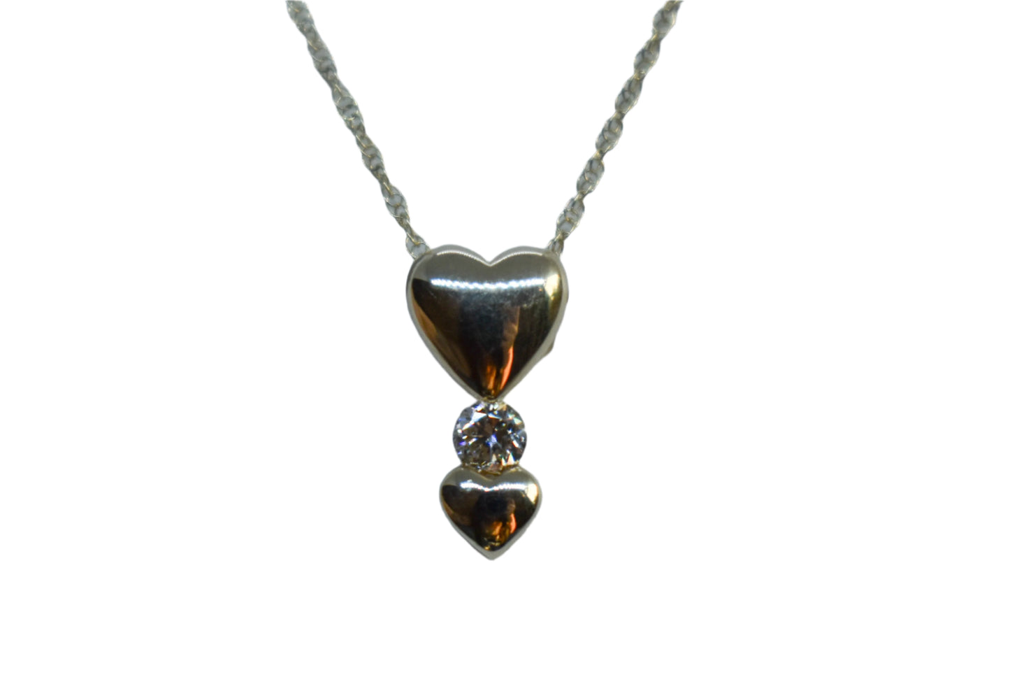 Vintage 14K Yellow Gold Diamond Double Heart Pendant Dainty Chain Necklace 18"