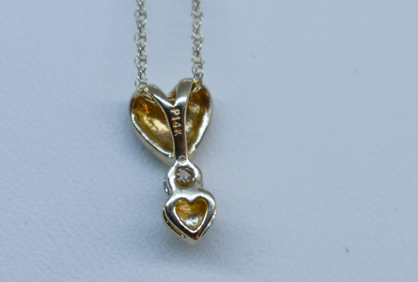 Vintage 14K Yellow Gold Diamond Double Heart Pendant Dainty Chain Necklace 18"