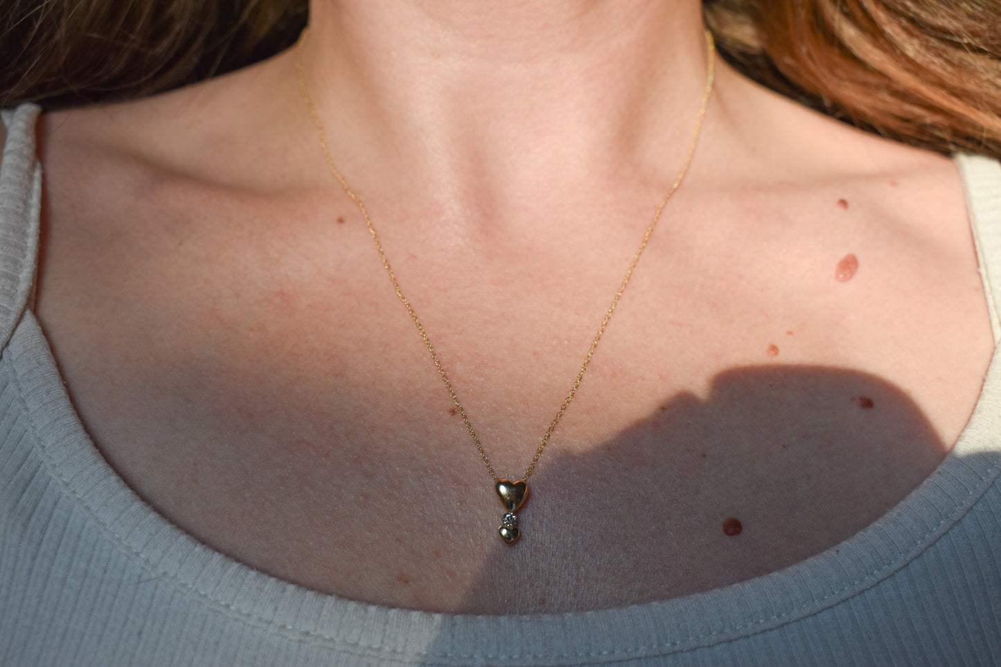 Vintage 14K Yellow Gold Diamond Double Heart Pendant Dainty Chain Necklace 18"