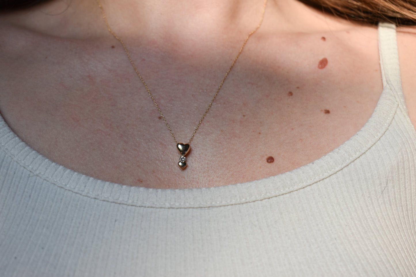 Vintage 14K Yellow Gold Diamond Double Heart Pendant Dainty Chain Necklace 18"