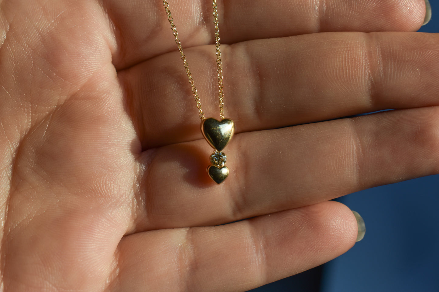 Vintage 14K Yellow Gold Diamond Double Heart Pendant Dainty Chain Necklace 18"