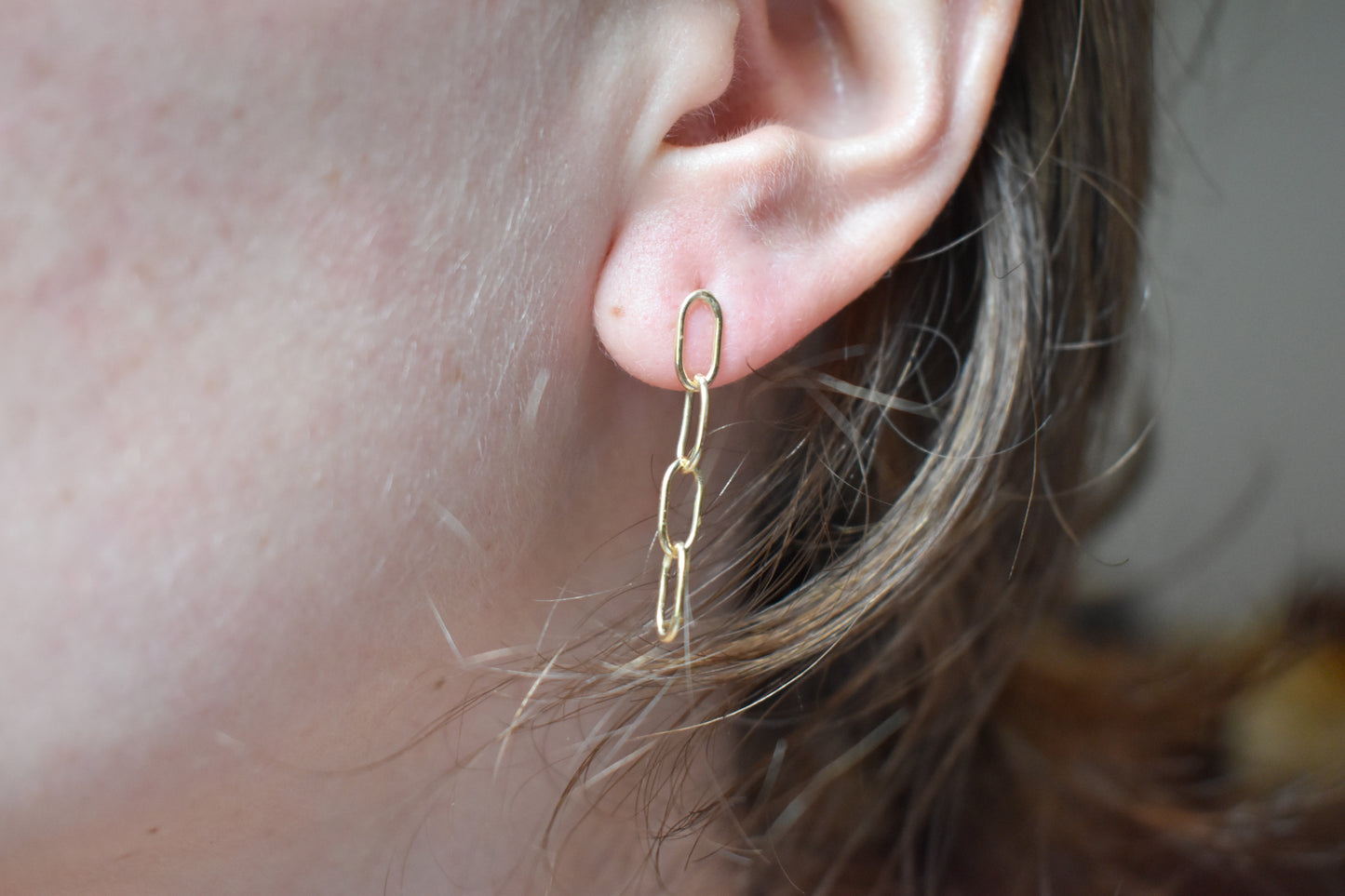 Handmade Solid 14K Yellow Gold Oval Link Paper Clip Link Chain Dangle Earrings