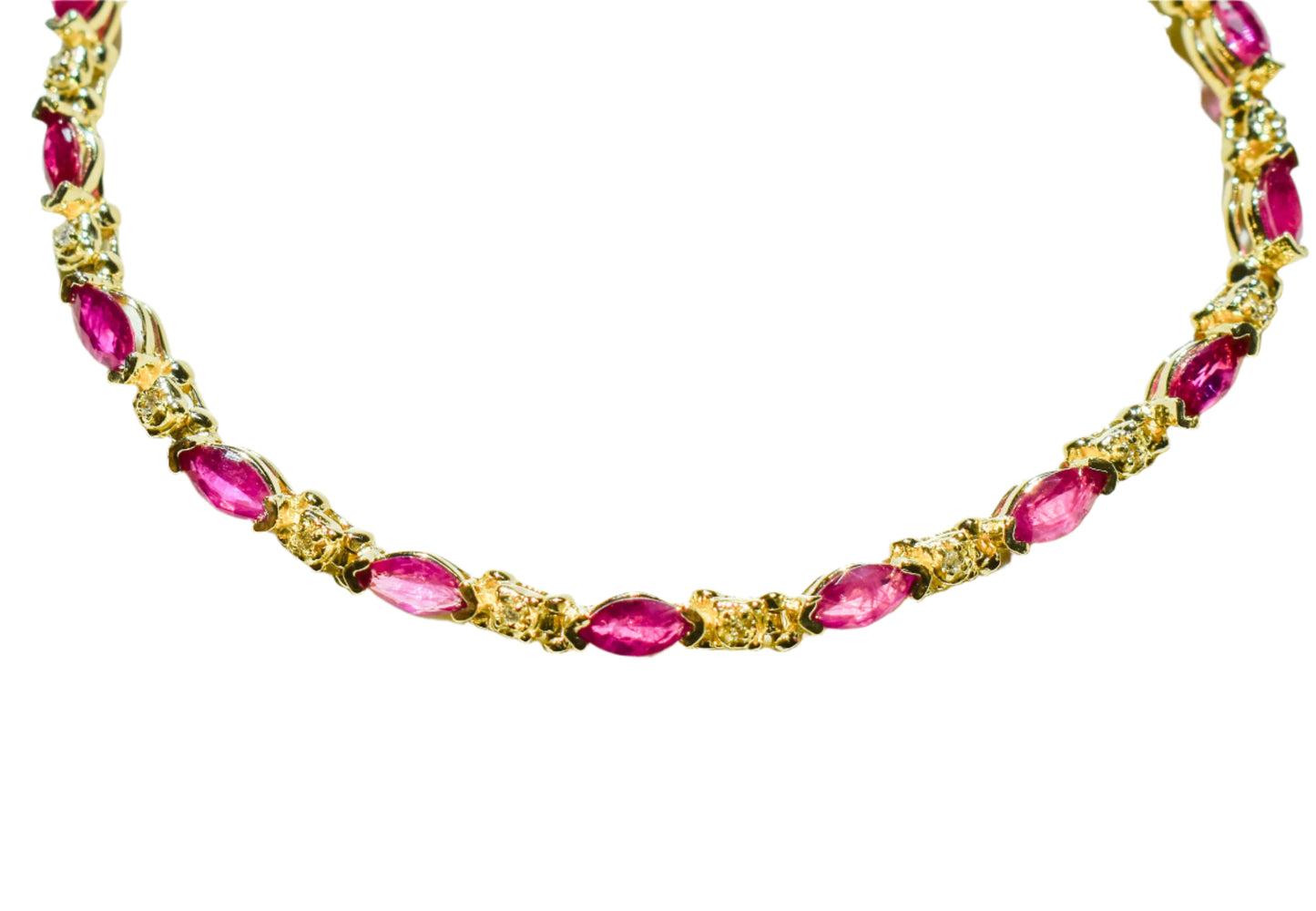 Vintage 14k Yellow Gold Marquise Ruby and Round Diamond Tennis Bracelet